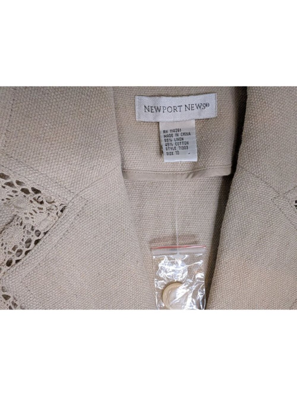 New Beige Linen Cotton Blend Lace Trim Blazer Jacket 3/4 Sleeves Newport News Si - Picture 4 of 13